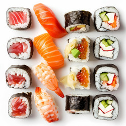разнообразные вкусные суши-роллы нигири и маки, изображенные на белом фоне - yliv