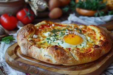 вкуснейшая домашняя пицца с яйцом, сыром и зеленью на деревянной доске - yliv