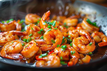 вкусные креветки, обжаренные на сковороде с мелко нарезанным луком и шнитт-луком - yliv