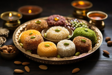 традиционные индийские сладости, разложенные на декоративном металлическом подносе в честь праздника дивали - yliv