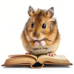 милый хомячок, сидящий на открытой книге на белом фоне - yliv