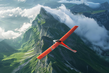 Red plane is flying over green mountains covered by clouds on a sunny day - yliv