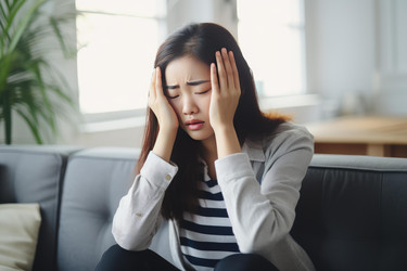 Young woman holding her head with her hands, suffering from a strong headache or migraine - yliv