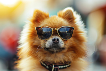 Pomeranian dog wearing sunglasses and posing in the city - yliv