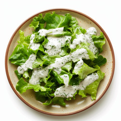 Fresh green salad with creamy dill dressing on rustic plate - yliv