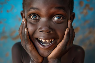 Close up portrait of african child showing happiness and joy with hands on cheeks - yliv