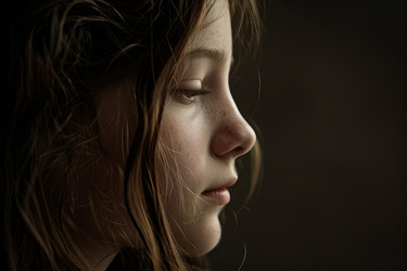 Side view portrait of contemplative child with freckles showing emotion against dark background - yliv
