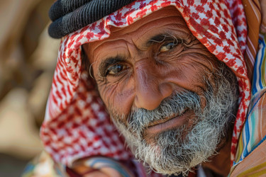 Portrait of smiling senior bedouin man wearing traditional keffiyeh - yliv