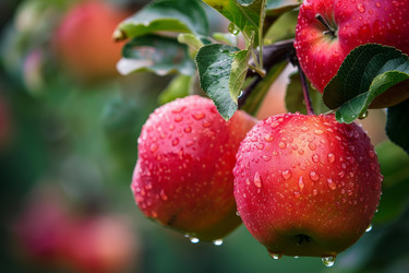 Red apples covered with rain drops hanging from tree branch - yliv