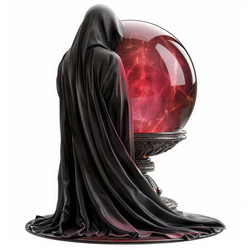 Fortune teller wearing dark cloak reading glowing red crystal ball on ornate stand - yliv