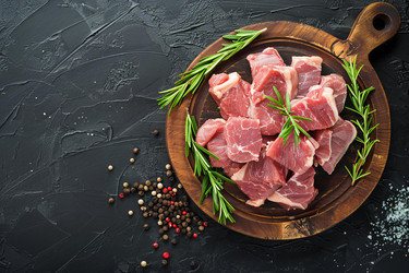 сырое мясо баранины, нарезанное кубиками с розмарином и специями на деревянной разделочной доске - yliv