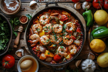 вкусные креветки-скампи с помидорами, луком и перцем, приготовленные на чугунной сковороде - yliv