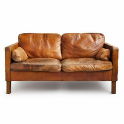 Comfortable worn leather sofa isolated on white background, showing signs of age and use, perfect for interior design projects - yliv
