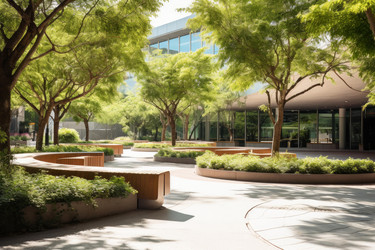 Modern office building with green courtyard featuring lush trees and benches - yliv