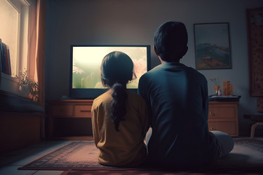 Back view teenage Indian girl and boy movie time. Generate ai - yliv