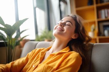 Young woman relaxing on sofa, enjoying peace and quiet at home - yliv