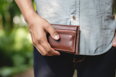 Businessman holding leather wallet with credit card in park - yliv