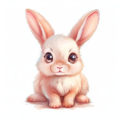 Cute baby bunny sitting on white background, looking forward with big, bright eyes - yliv