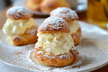 вкусные слойки с кремом, посыпанные сахарной пудрой, на белой тарелке - yliv