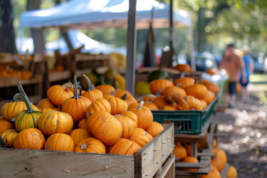 Fresh orange pumpkins displayed at outdoor farmers market - yliv