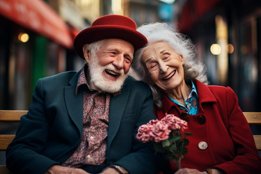 Affectionate senior couple shares a heartwarming moment, laughing together on a bench while holding a bouquet of flowers - yliv