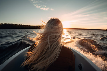 Blonde female on sailboat motion gazing sunset. Woman watching sundown view on moving yacht. Generate ai - yliv