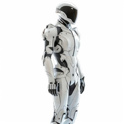 3D render of a futuristic astronaut wearing a full body suit standing in profile - yliv