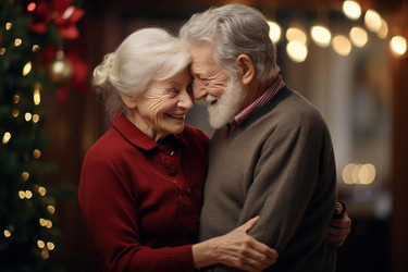 Happy senior couple embracing during christmas celebration at home - yliv