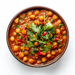 вкуснейшее индийское карри из нута, украшенное свежей кинзой и перцем чили, подается в миске по-деревенски - yliv