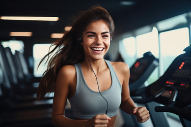 Smiling sporty woman running on treadmill while listening music with earphones and enjoying her workout at modern gym - yliv