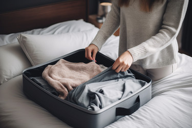 Woman packing clothes. Young and mature person sitting white bedroom. Generate AI - yliv