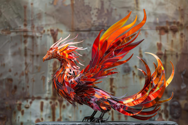 Metal phoenix sculpture showcasing vibrant colors and intricate details, symbolizing rebirth and renewal - yliv