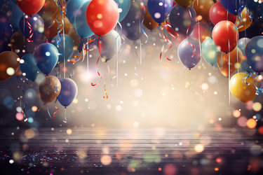 Colorful balloons with ribbons hanging above wooden floor with confetti, creating a festive atmosphere - yliv