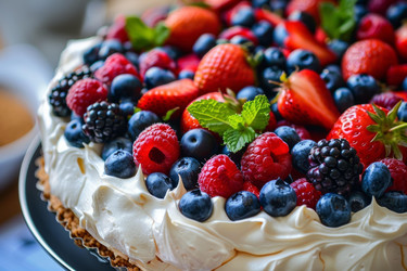 вкусный пирог с безе, украшенный свежими ягодами и мятой - yliv