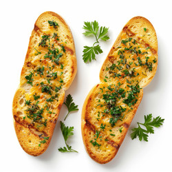 Toasted bread slices with garlic, cheese and herbs on white background - yliv