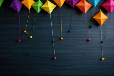 Colorful origami shapes hanging on strings against a dark wooden background, symbolizing diversity, creativity, and individuality - yliv