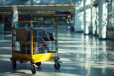Luggage trolley full of suitcases waiting in a modern airport terminal - yliv