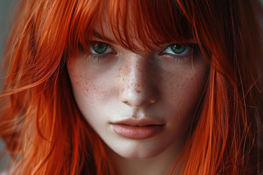 Portrait of redhead model showing intense gaze and freckles - yliv