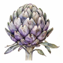 Detailed watercolor painting showcases a ripe artichoke, capturing its vibrant purple and green hues with precision - yliv