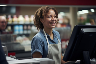 Smiling cashier working at supermarket checkout counter - yliv