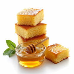 вкусные медовые пирожные, посыпанные сахарной пудрой, с высокой горкой меда, ковшиком для меда и мятой - yliv