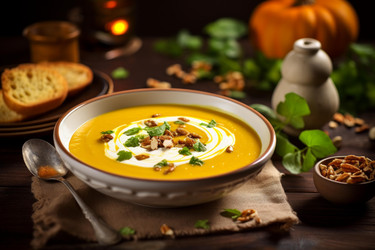 тарелка вкусного тыквенного супа, украшенного поджаренными семечками, орехами и свежей зеленью, создает теплую осеннюю атмосферу. - yliv