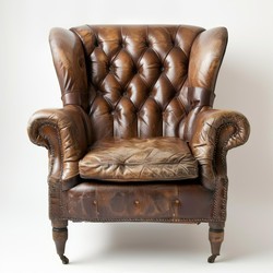 Old brown leather chesterfield wingback chair standing on a white background, showing comfort and relaxation - yliv
