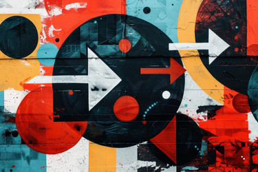 Abstract urban graffiti art showing multiple arrows pointing in different directions - yliv