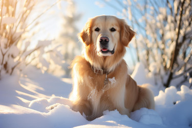 Golden retriever dog is lying on snow in winter forest at sunset - yliv
