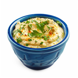 вкусный хумус, приправленный паприкой и петрушкой, в голубой миске - yliv
