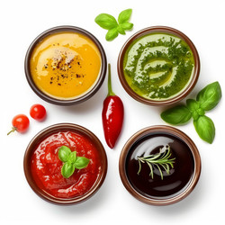 разнообразные соусы для макания в миски, создающие яркую и ароматную кулинарную сцену, украшенные свежей зеленью и специями - yliv