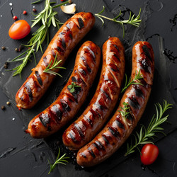 вкусные сосиски-гриль с зеленью и специями на фоне черного камня - yliv
