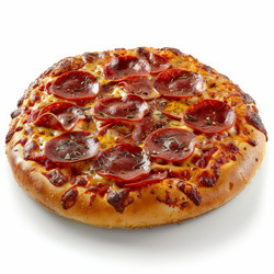 Round pepperoni pizza with melted cheese and herbs, lying on a white background - yliv
