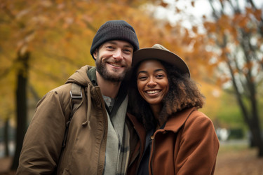 Happy tourists couple smiling and enjoying autumn foliage in park - yliv